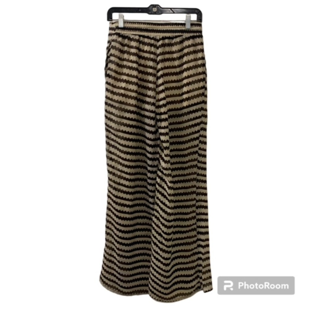 CALS Womens Brown Cream Striped Palazzo Sheer Short Lined Elastic Waist Pants Sz
